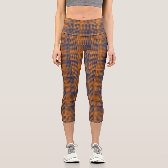 Orange Purple Checker Abstract Pattern Capri Leggings (Front)