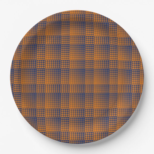 Orange Purple Checker Abstract Pattern Paper Plates (Front)
