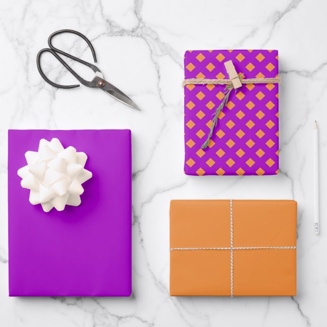 Orange + Purple Checkerboard Wrapping Paper Sheets (Front)