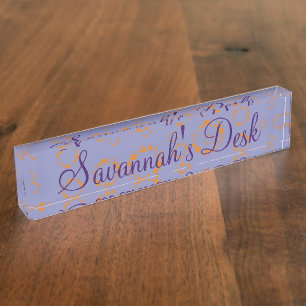 Orange Purple Circle Squares Pattern Clear Solid Desk Name Plate
