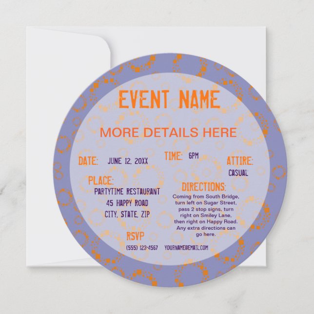 Orange purple circle squares pattern dizzy round  invitation (Front)