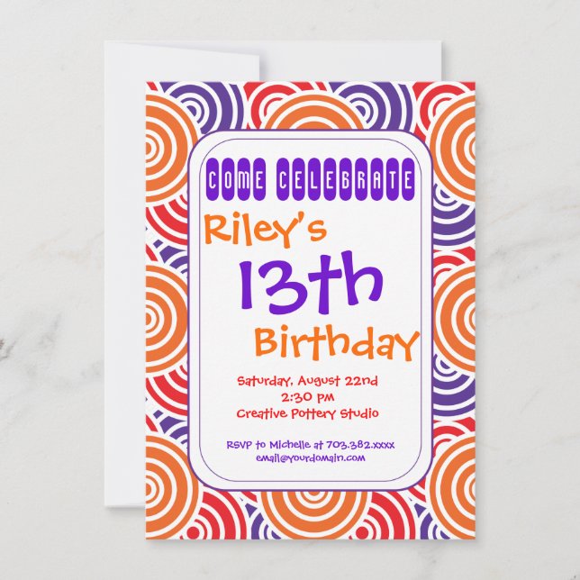 Orange Purple Circles Birthday Party Invitations (Front)