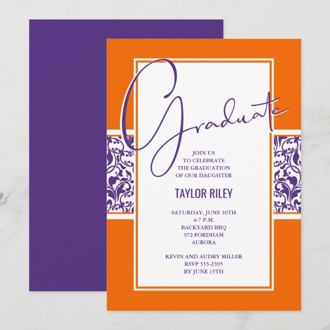 Orange Purple Damask Graduation Invitation (Front/Back)