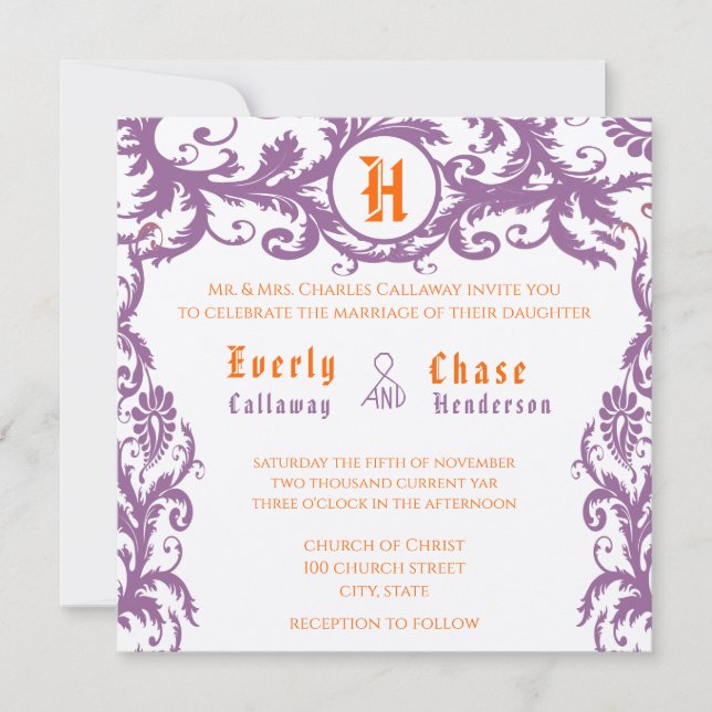 Orange & Purple Damask Monogram Wedding Invitation (Front)