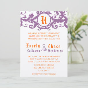 Orange & Purple Damask Monogram Wedding Invitation