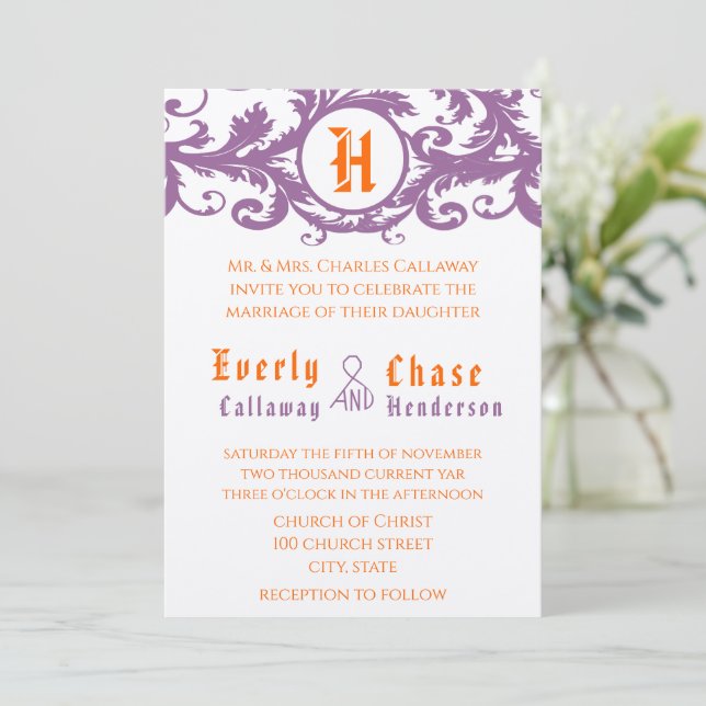 Orange & Purple Damask Monogram Wedding Invitation (Standing Front)
