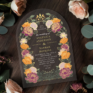 Orange Purple Enchanted Garden Wedding Arch Acrylic Invitations