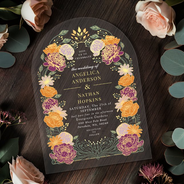 Orange Purple Enchanted Garden Wedding Arch Acrylic Invitations (Creator Uploaded)