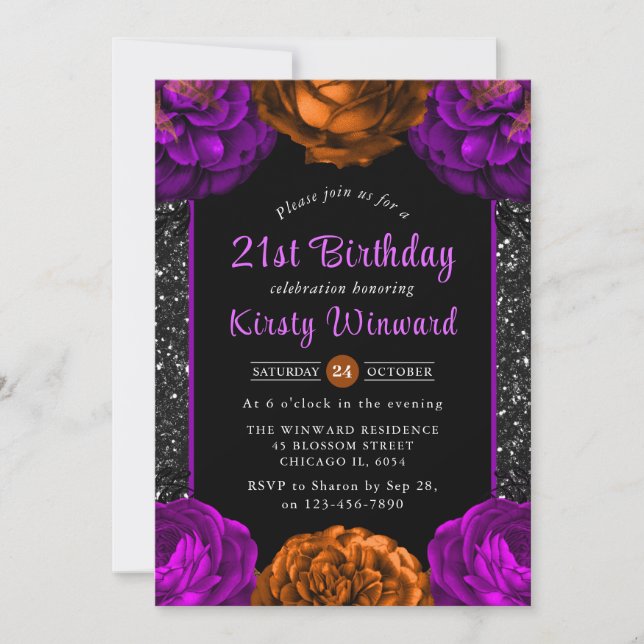 Orange & Purple Fall Flowers Halloween Birthday Invitation (Front)