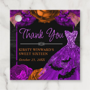 Orange & Purple Floral Dress Halloween Sweet 16 Favor Tags
