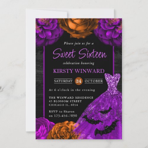 Orange  Purple Floral Dress Halloween Sweet 16 Invitation