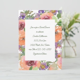 Orange Purple Floral Hand Painted Bridal Shower Invitation