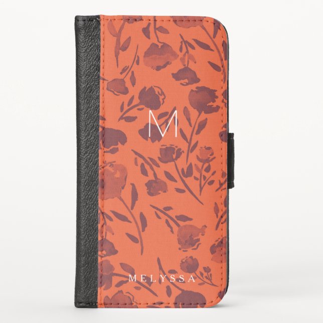Orange & Purple Floral Name & Monogram iPhone Wallet Case (Front)