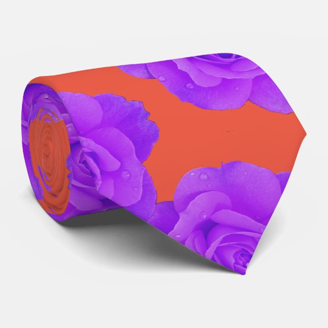Orange Purple Floral Rose Modern Gift Favor Neck Tie (Rolled)
