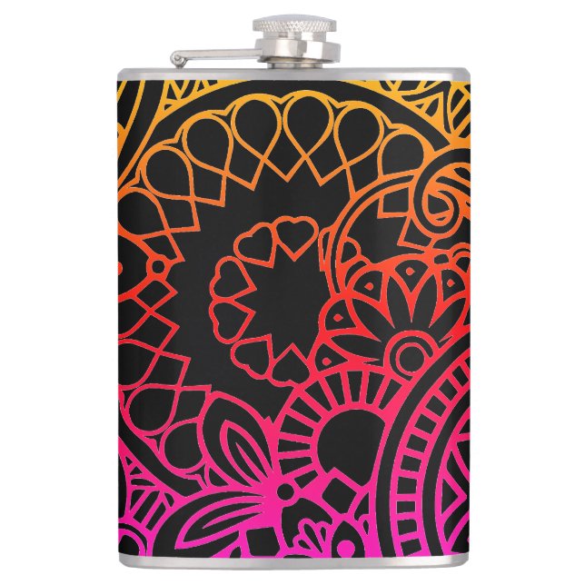 Orange Purple Flowers and Black Background Flask (Front)