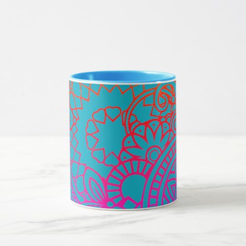 Orange Purple Flowers and Blue Background Mug