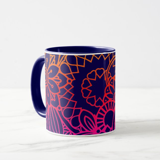 Orange Purple Flowers and Navy Blue Background   Mug (Front Left)