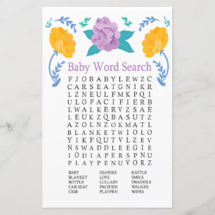 Orange Purple Flowers Baby Shower Word Search Game