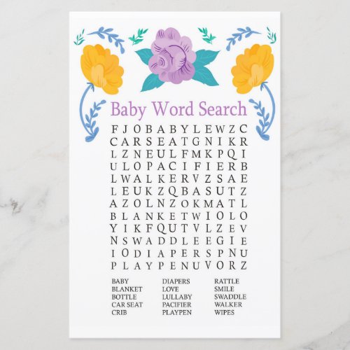 Orange Purple Flowers Baby Shower Word Search Game