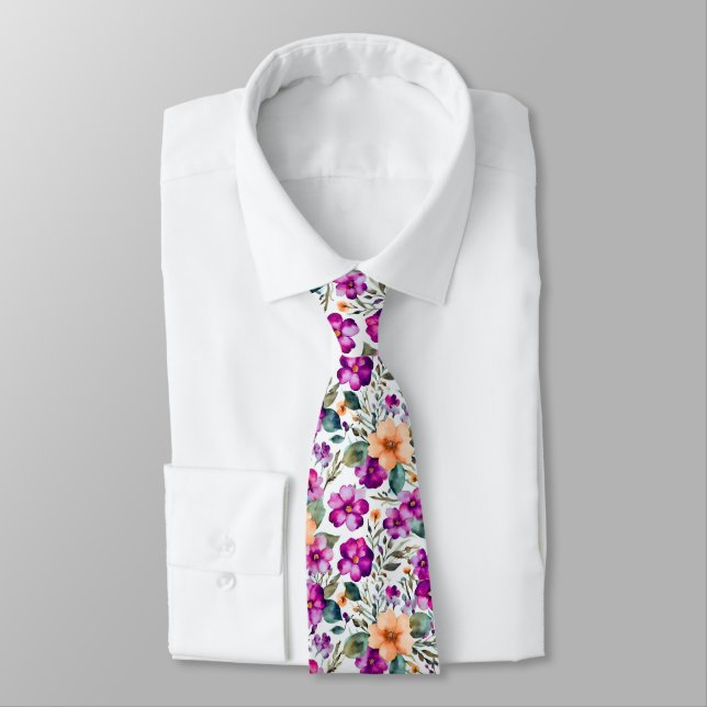 Orange Purple Flowers Floral Pattern Neck Tie (Tied)