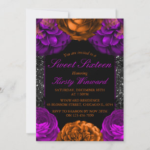 Orange Purple Flowers Halloween Sweet 16 Invitation