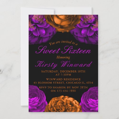 Orange Purple Flowers Halloween Sweet 16 Invitation