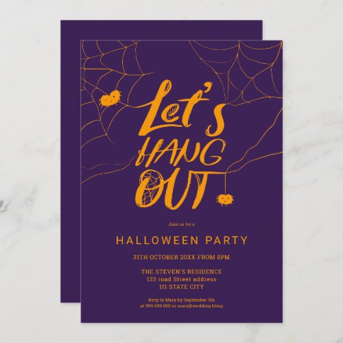 Orange purple Halloween spider hang out script Invitation