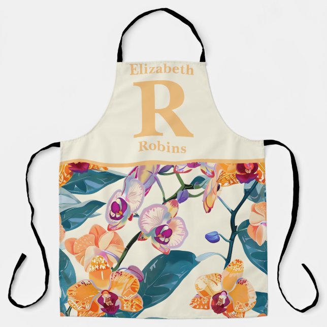 Orange purple orchid flowers personalized  apron (Front)