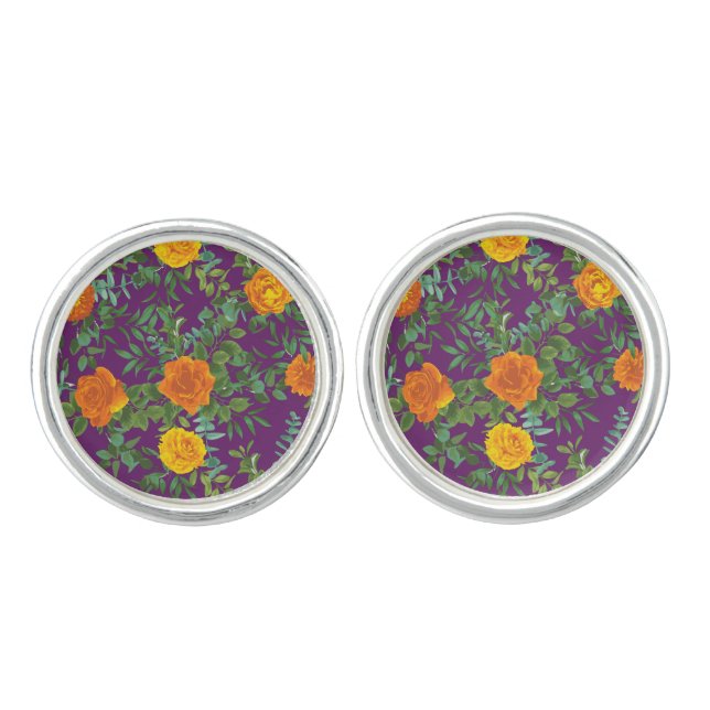 Orange & Purple Plum Peony & Rose Floral Wedding Cufflinks (Front)