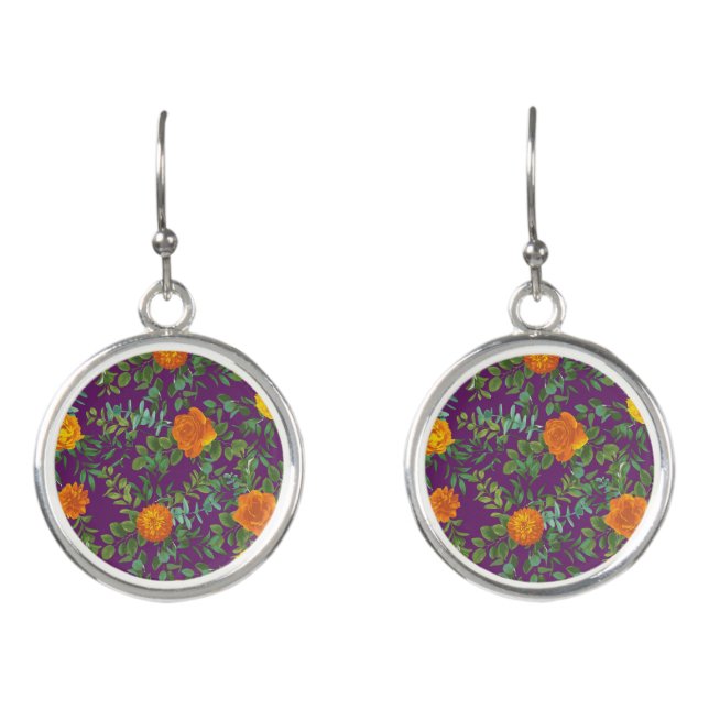 Orange & Purple Plum Peony & Rose Floral Wedding Earrings (Front)