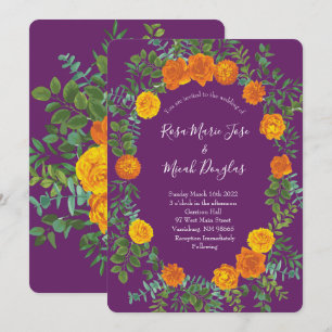 Orange Purple Plum Peony Rose Floral Wedding Invitation