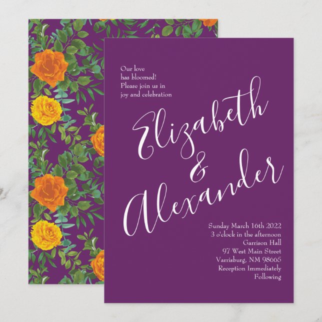 Orange & Purple Plum Peony & Rose Floral Wedding Invitation (Front/Back)