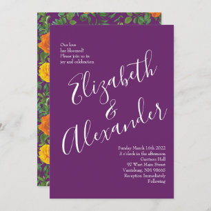 Orange & Purple Plum Peony & Rose Floral Wedding Invitation