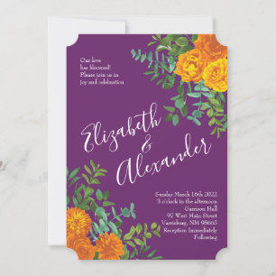 Orange & Purple Plum Peony & Rose Floral Wedding Invitation