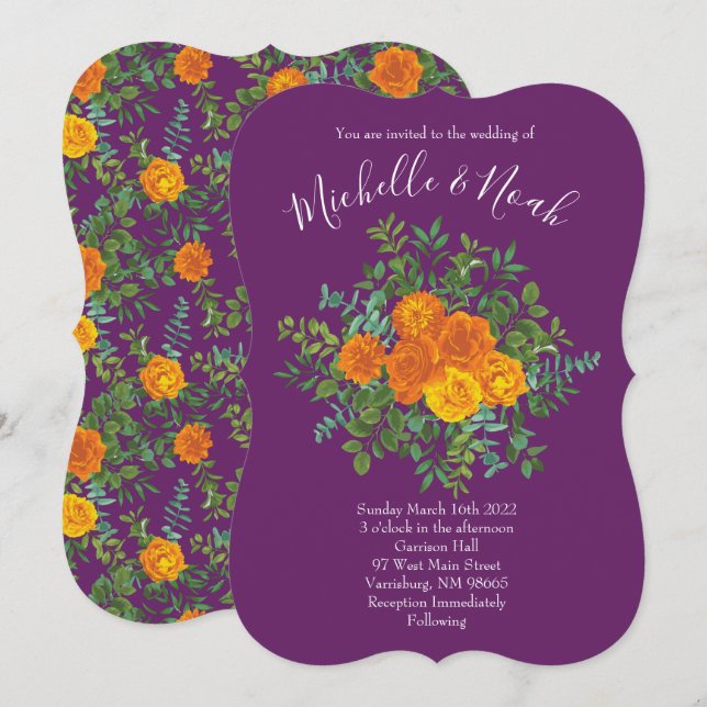 Orange & Purple Plum Peony & Rose Floral Wedding Invitation (Front/Back)