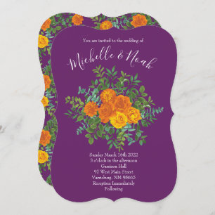 Orange & Purple Plum Peony & Rose Floral Wedding Invitation