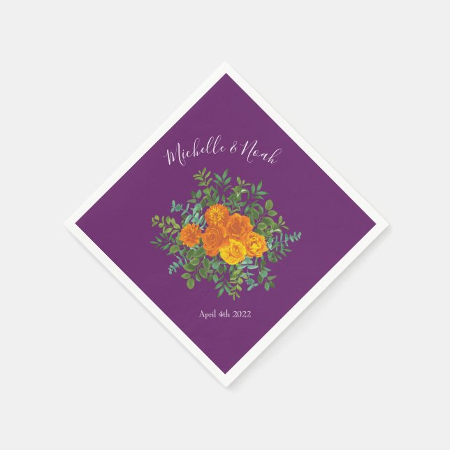 Orange & Purple Plum Peony & Rose Floral Wedding Napkins (Corner)