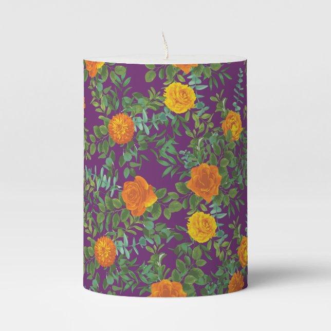 Orange & Purple Plum Peony & Rose Floral Wedding Pillar Candle (Front)
