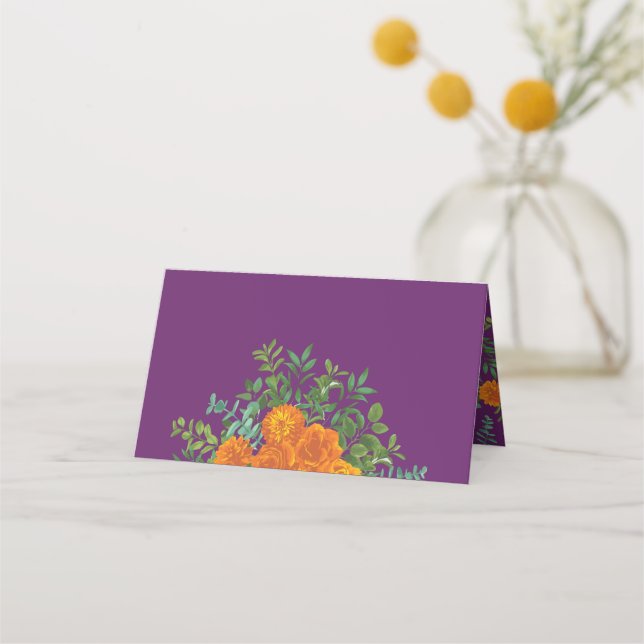 Orange & Purple Plum Peony & Rose Floral Wedding Place Card (Front)