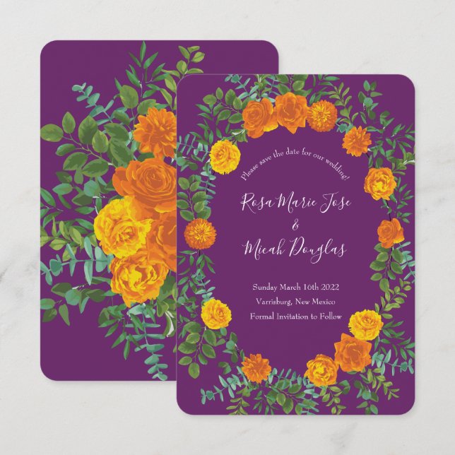 Orange & Purple Plum Peony Rose Wedding Save Date Invitation (Front/Back)