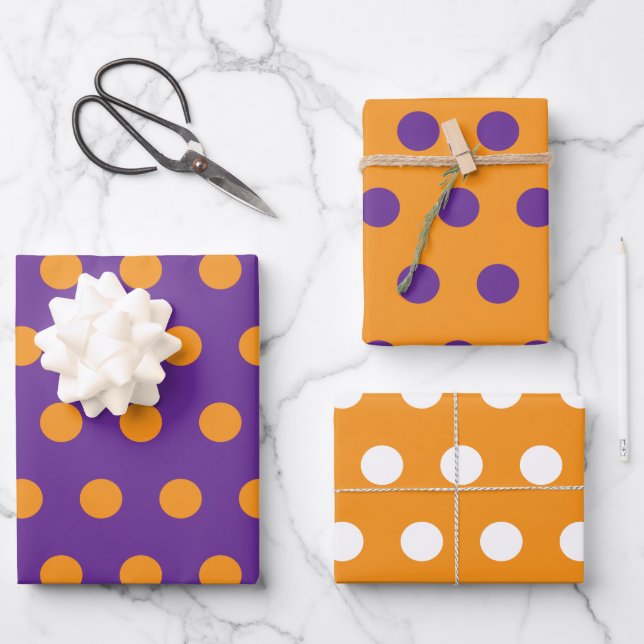 Orange Purple Polka Dot Circles Geometric Pattern Wrapping Paper Sheets (Front)