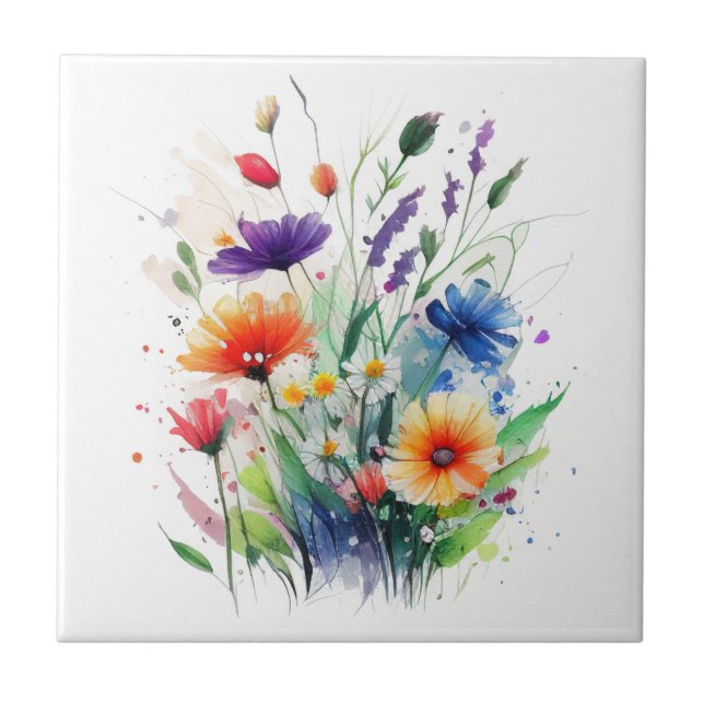 Orange Purple Red Blue Watercolor Flowers Ceramic Tile (Front)