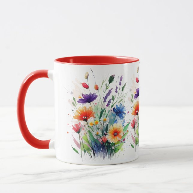 Orange Purple Red Blue Watercolor Wild Flowers Mug (Left)