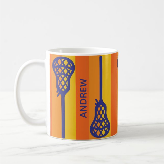 Orange & Purple Retro Lacrosse Sticks and Stripes Coffee Mug (Left)
