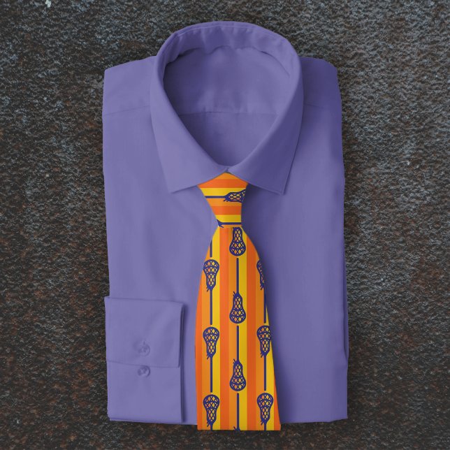 Orange & Purple Retro Lacrosse Sticks and Stripes Neck Tie (Creator Uploaded)