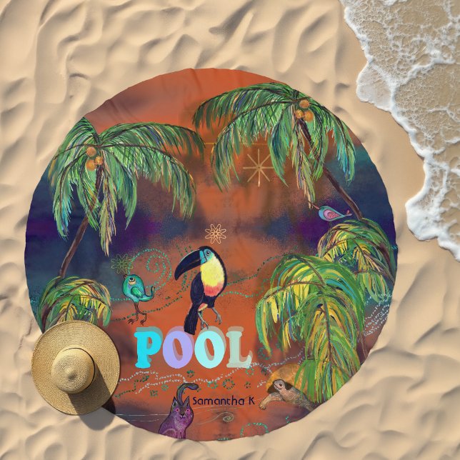 Orange Purple  Sunset with Palms & birds Beach Towel (Beach)