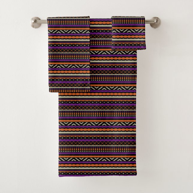 Orange Purple Tan Black Southwest Pattern Bath Towel Set (Insitu)