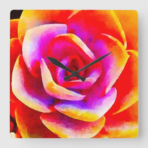 Orange  Purple Watercolor Succulent Square Wall Clock