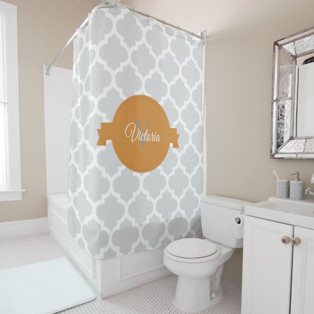 Orange Quatrefoil Personalized Shower Curtain (In Situ)