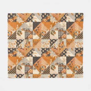 Orange Quilt Patchwork Gingham Cottagecore Floral Fleece Blanket